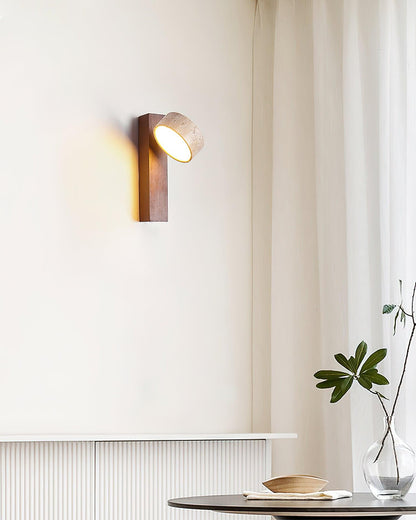 Tilted Wooden Sconce with Beige Stone Shade – 9 Inch Integrated LED Fixture for Bathroom Hallway Entryway Ambient Glow – Dimmable Indoor Wal