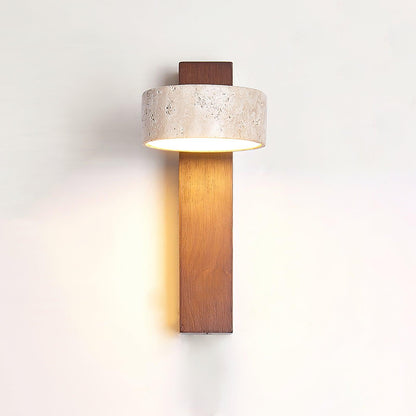 Tilted Wooden Sconce with Beige Stone Shade – 9 Inch Integrated LED Fixture for Bathroom Hallway Entryway Ambient Glow – Dimmable Indoor Wal