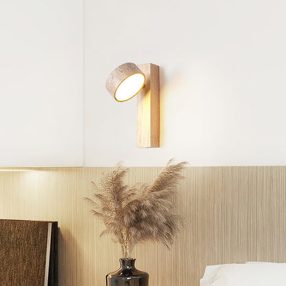 Tilted Wooden Sconce with Beige Stone Shade – 9 Inch Integrated LED Fixture for Bathroom Hallway Entryway Ambient Glow – Dimmable Indoor Wal