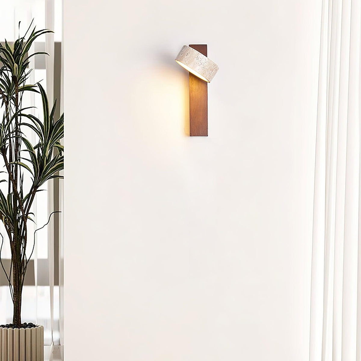 Tilted Wooden Sconce with Beige Stone Shade – 9 Inch Integrated LED Fixture for Bathroom Hallway Entryway Ambient Glow – Dimmable Indoor Wal
