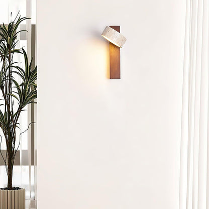 Tilted Wooden Sconce with Beige Stone Shade – 9 Inch Integrated LED Fixture for Bathroom Hallway Entryway Ambient Glow – Dimmable Indoor Wal