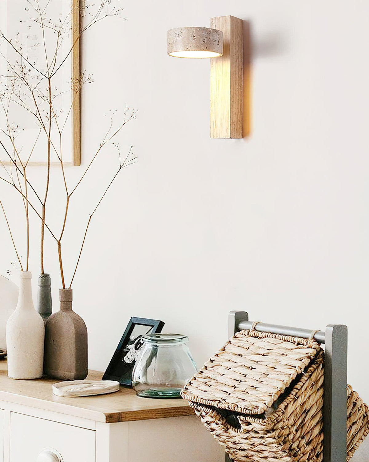 Tilted Wooden Sconce with Beige Stone Shade – 9 Inch Integrated LED Fixture for Bathroom Hallway Entryway Ambient Glow – Dimmable Indoor Wal