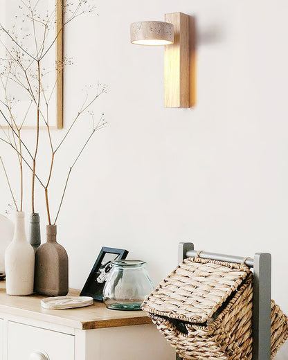 Tilted Wooden Sconce with Beige Stone Shade – 9 Inch Integrated LED Fixture for Bathroom Hallway Entryway Ambient Glow – Dimmable Indoor Wal