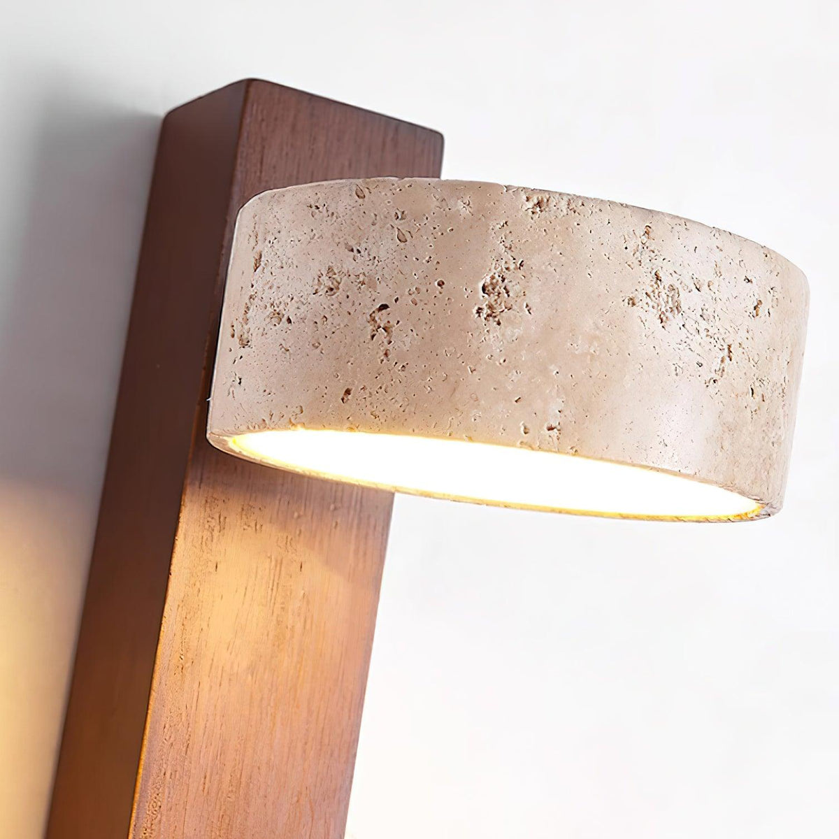 Tilted Wooden Sconce with Beige Stone Shade – 9 Inch Integrated LED Fixture for Bathroom Hallway Entryway Ambient Glow – Dimmable Indoor Wal