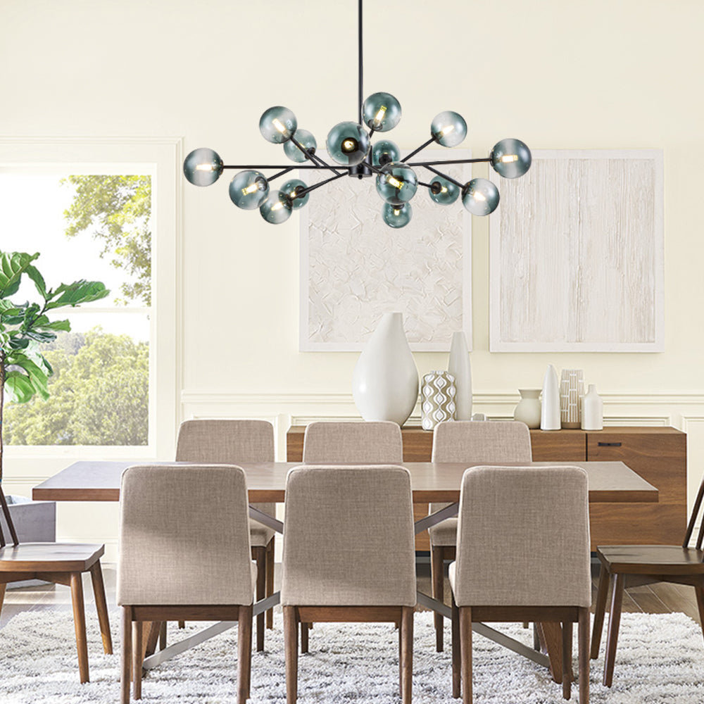 Dimmable Glass Globe Pendant Light 44 in Wide 15-Bulb Branch Fixture Black Gold Frame Azure Blue Orbs for Dining Room Great Room Kitchen Isl