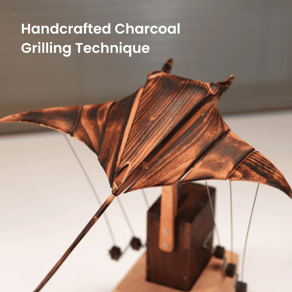 Kinetic Sculpture for Desk, Hand Cranked Wooden Automaton with Manta Ray Design, Office Desk Decor for Ocean Lovers