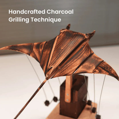 Kinetic Sculpture for Desk, Hand Cranked Wooden Automaton with Manta Ray Design, Office Desk Decor for Ocean Lovers