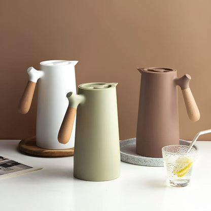 Insulated Thermal Carafe | Double Wall Beverage Server with Wood Handle | 1L Capacity for Hot and Cold Drinks