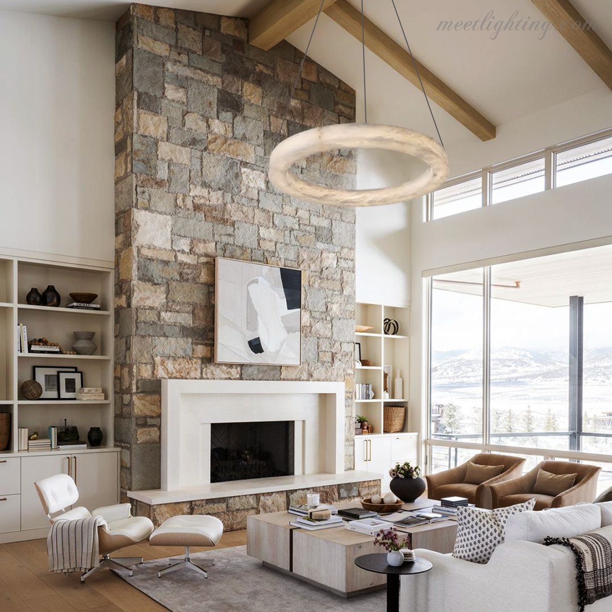 Circular Alabaster LED Ceiling Light with Brass Frame for Dining Room & Living Room | Modern Flush Mount Fixture