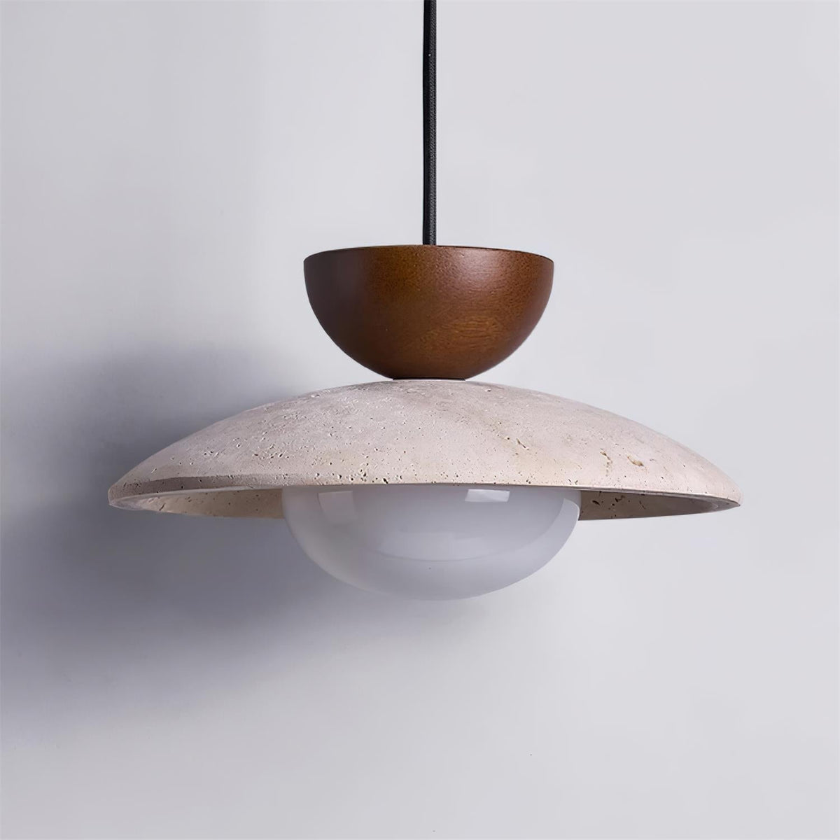 Travertine Stone Pendant Light with Wood Accent for Dining Room & Kitchen Island | Natural Glass Shade Hanging Ceiling Lamp