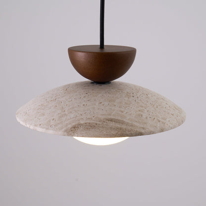 Travertine Stone Pendant Light with Wood Accent for Dining Room & Kitchen Island | Natural Glass Shade Hanging Ceiling Lamp