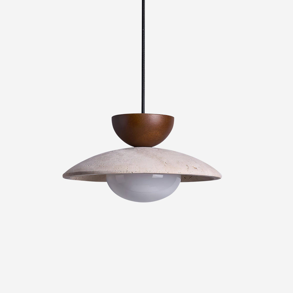 Travertine Stone Pendant Light with Wood Accent for Dining Room & Kitchen Island | Natural Glass Shade Hanging Ceiling Lamp