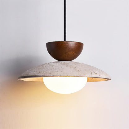 Travertine Glass Hanging Light Fixture with Wood Accent for Kitchen Island Dining Room Overhead Suspension Lamp Adjustable Cord Ceiling Moun
