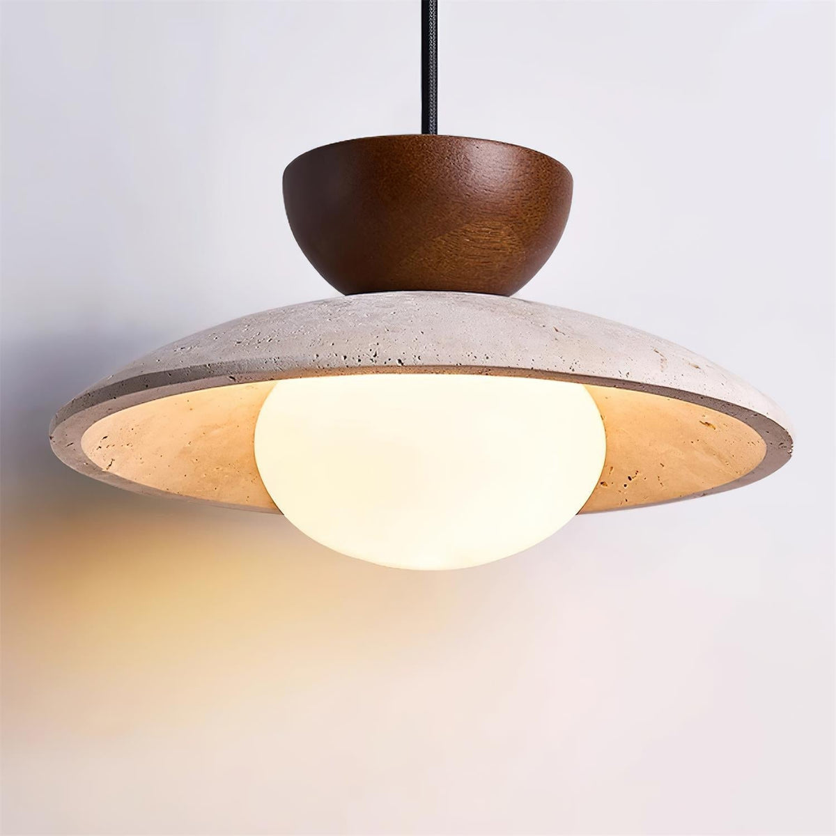 Travertine Stone Pendant Light with Wood Accent for Dining Room & Kitchen Island | Natural Glass Shade Hanging Ceiling Lamp