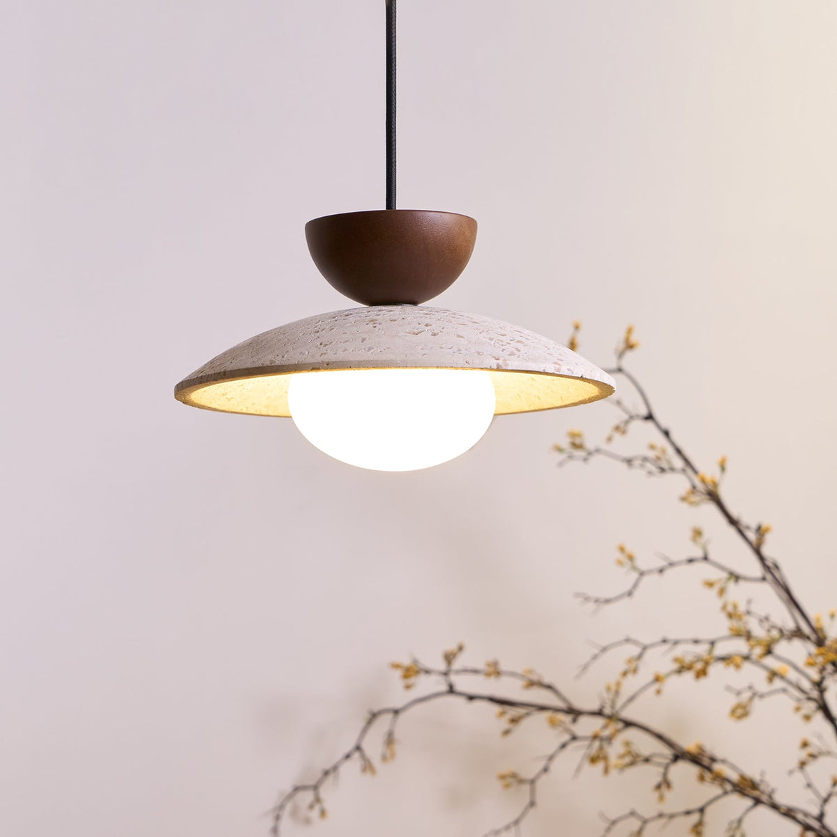 Travertine Glass Hanging Light Fixture with Wood Accent for Kitchen Island Dining Room Overhead Suspension Lamp Adjustable Cord Ceiling Moun