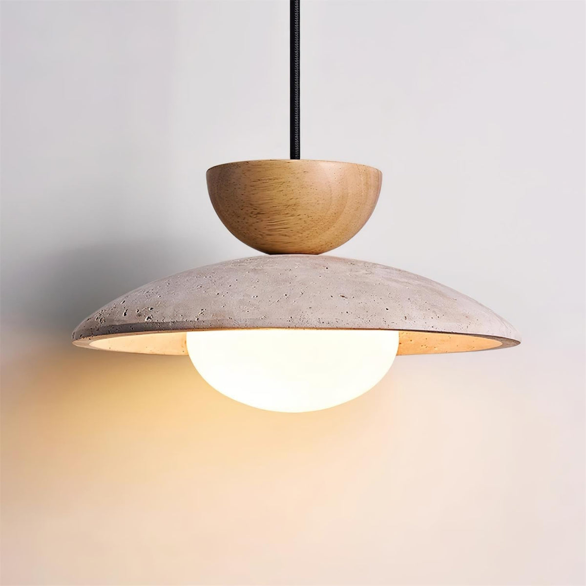 Travertine Stone Pendant Light with Wood Accent for Dining Room & Kitchen Island | Natural Glass Shade Hanging Ceiling Lamp