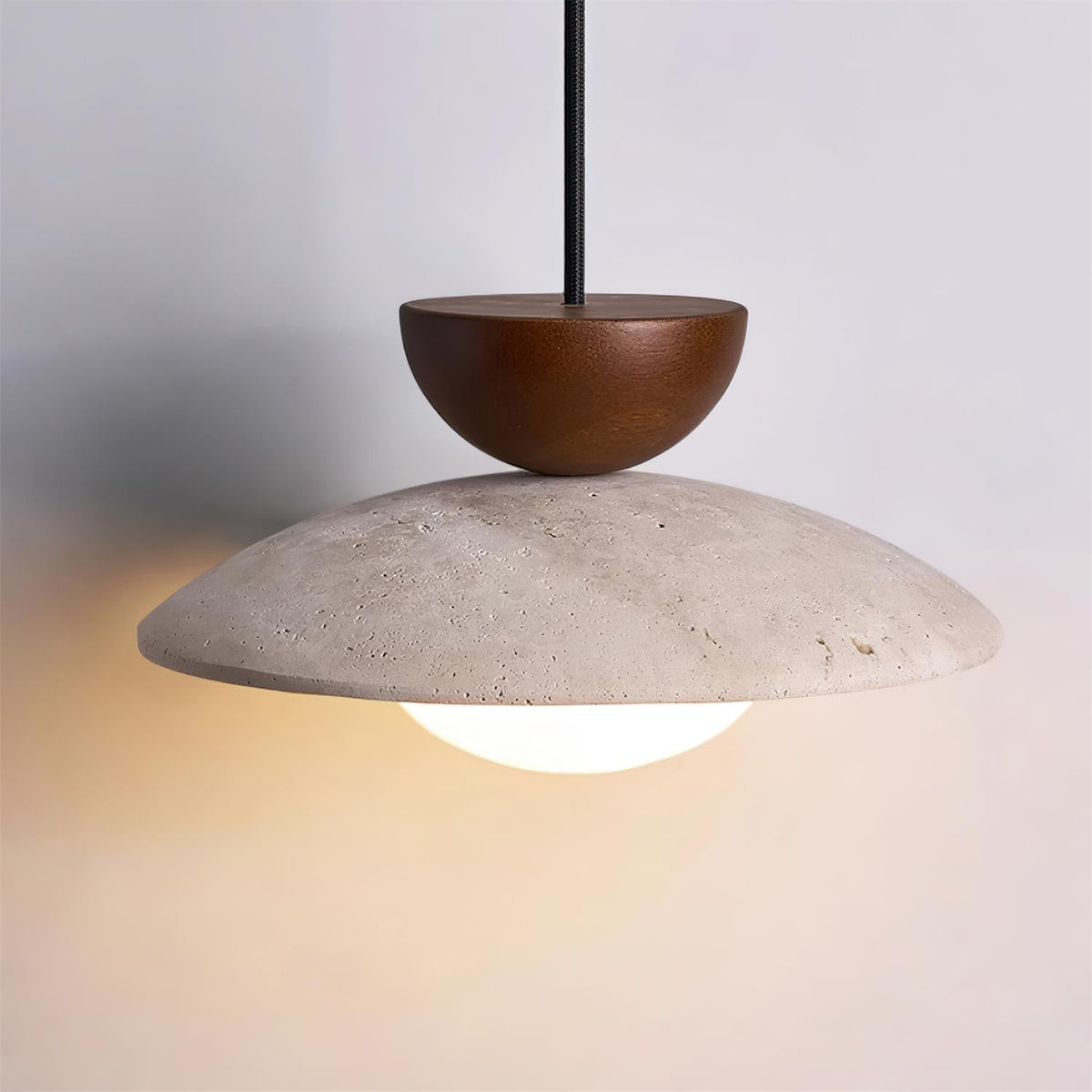 Travertine Glass Hanging Light Fixture with Wood Accent for Kitchen Island Dining Room Overhead Suspension Lamp Adjustable Cord Ceiling Moun