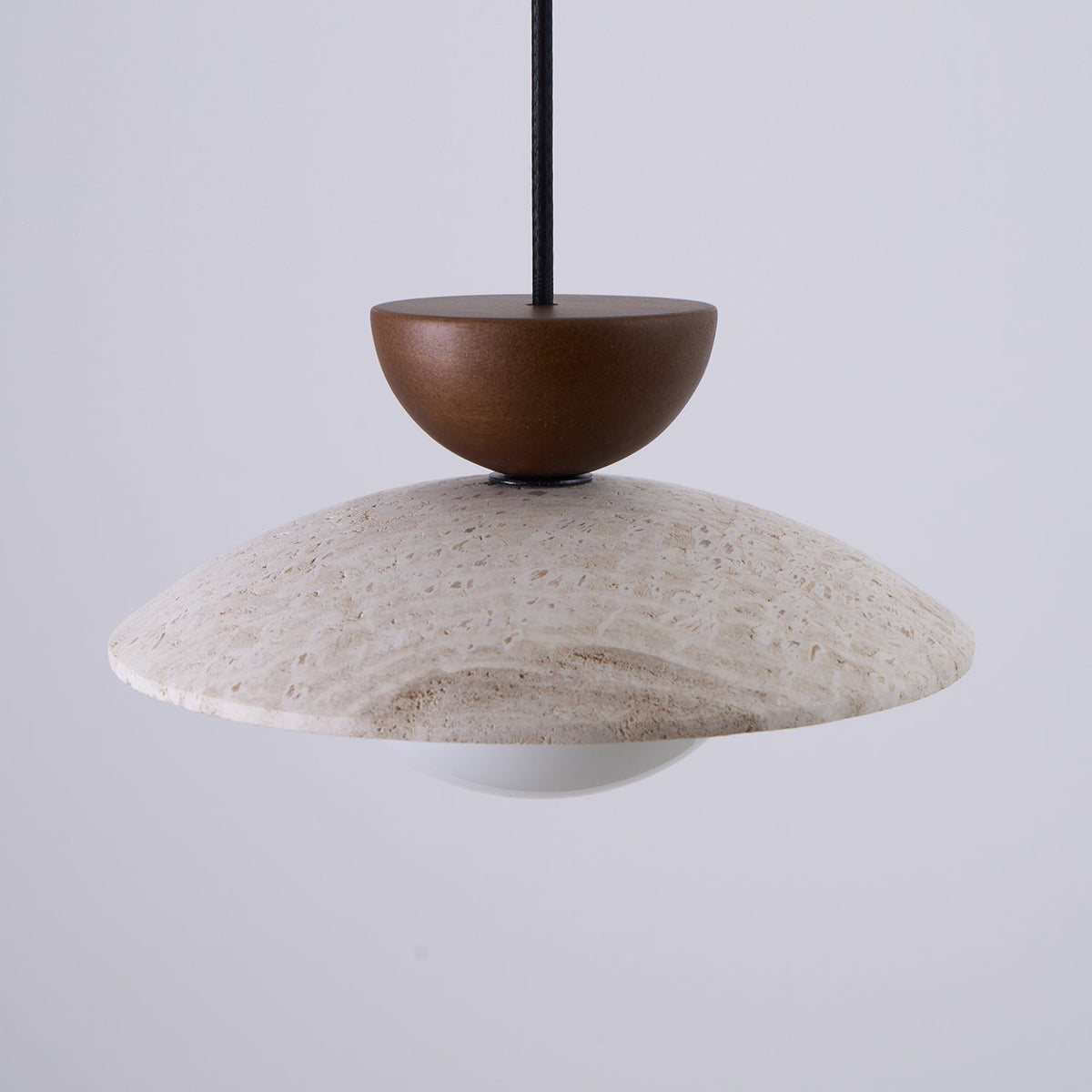 Travertine Stone Pendant Light with Wood Accent for Dining Room & Kitchen Island | Natural Glass Shade Hanging Ceiling Lamp
