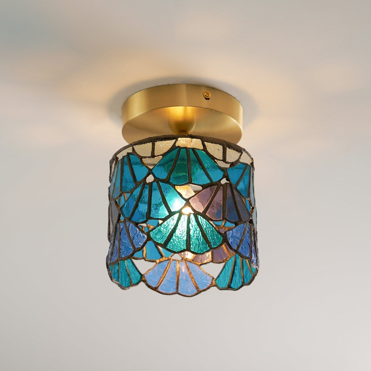 Flush Mount Mosaic Glass Ceiling Fixture Blue Pink 8 Inch E14 Socket Bathroom Entry Hall Decorative Overhead Light Brass Accent for Compact