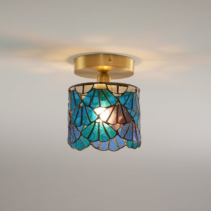 Flush Mount Mosaic Glass Ceiling Fixture Blue Pink 8 Inch E14 Socket Bathroom Entry Hall Decorative Overhead Light Brass Accent for Compact