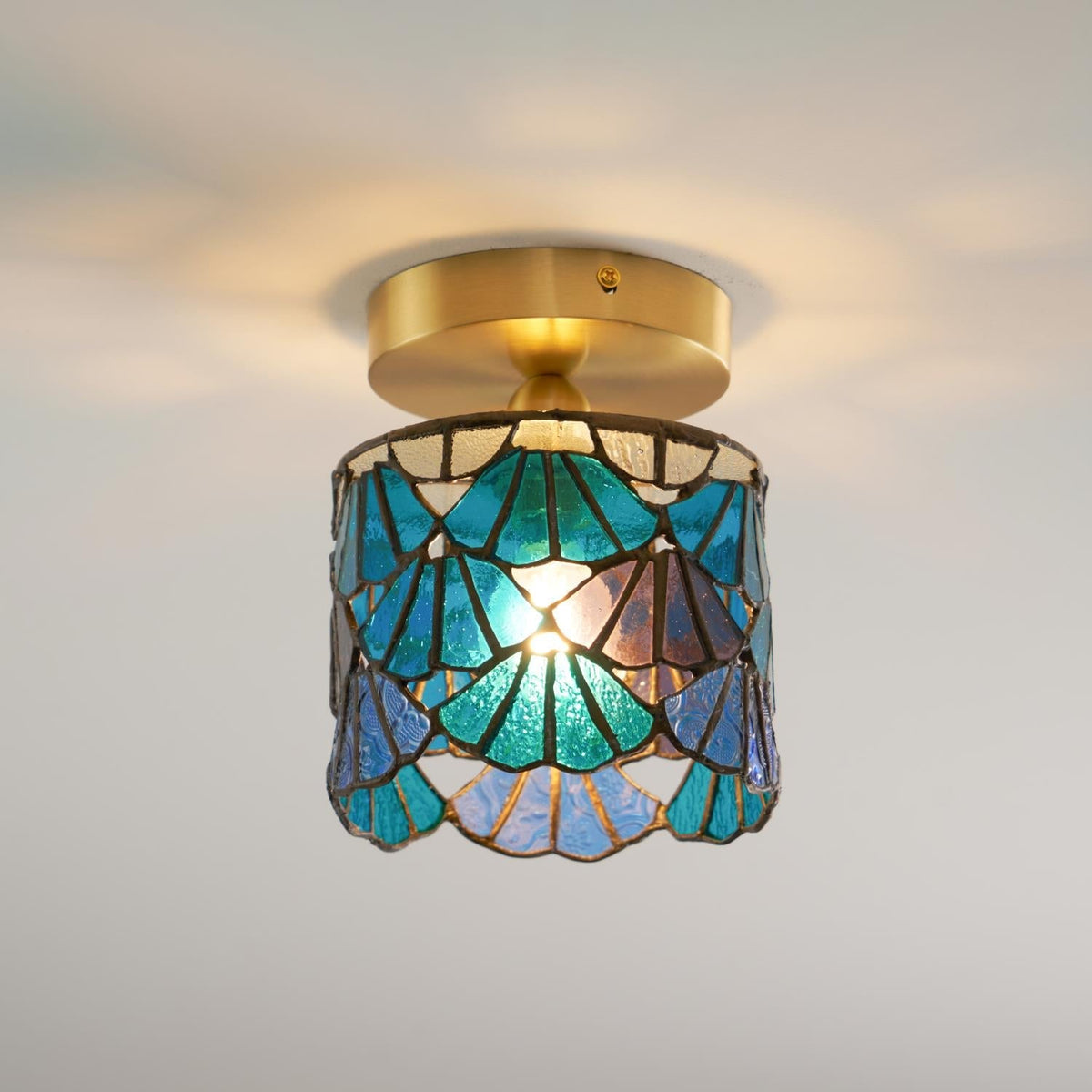 Flush Mount Glass Shade Ceiling Fixture 5 inch Brass Finish for Bathroom Bedroom Hallway Warm Ambient Lighting Vintage Style Decorative Home