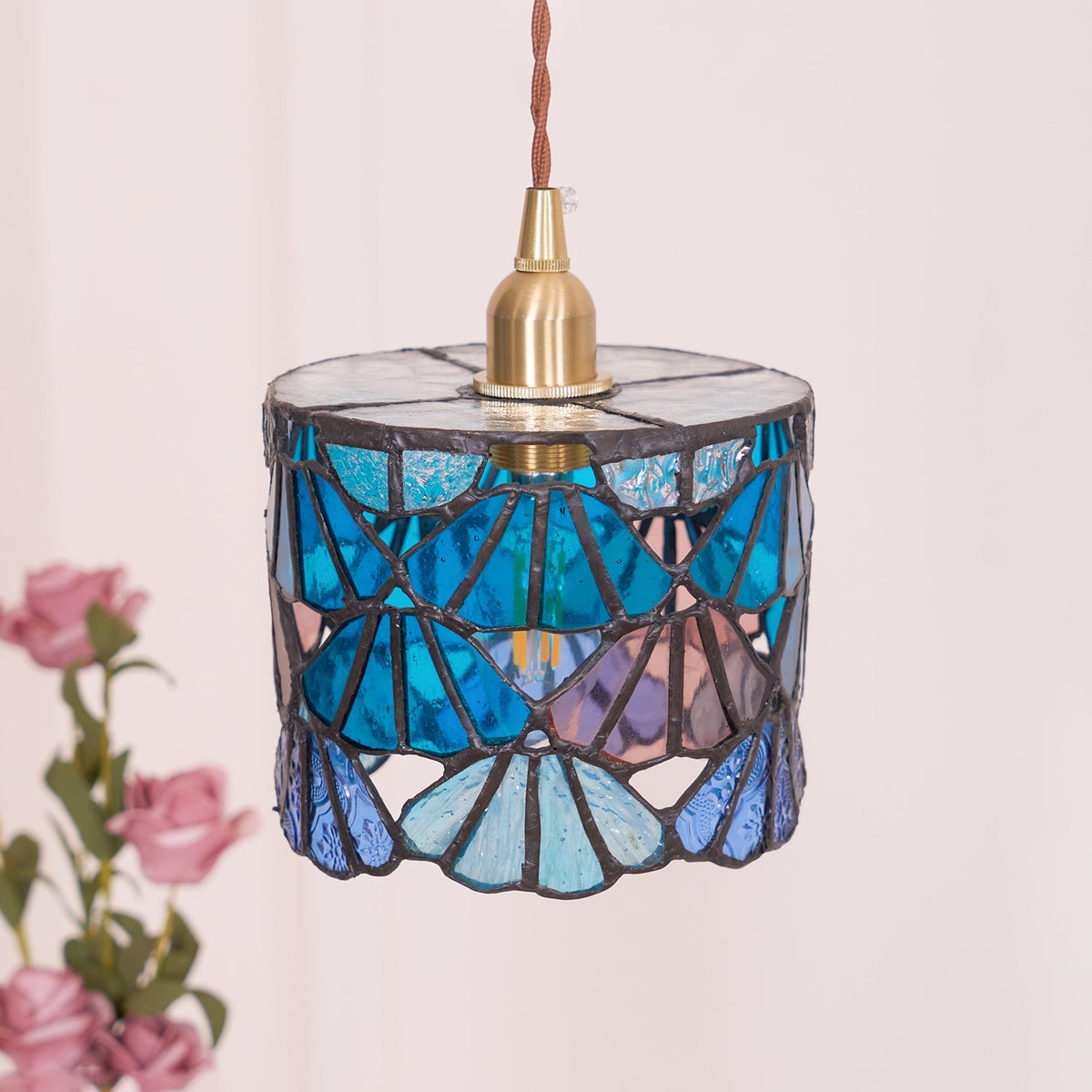 Hanging Ceiling Lamp with Tinted Glass Shade 5.3 Inches for Dining Room, Kitchen Island, Bedroom Decor, Brass Accent Fixture, Adjustable Cor
