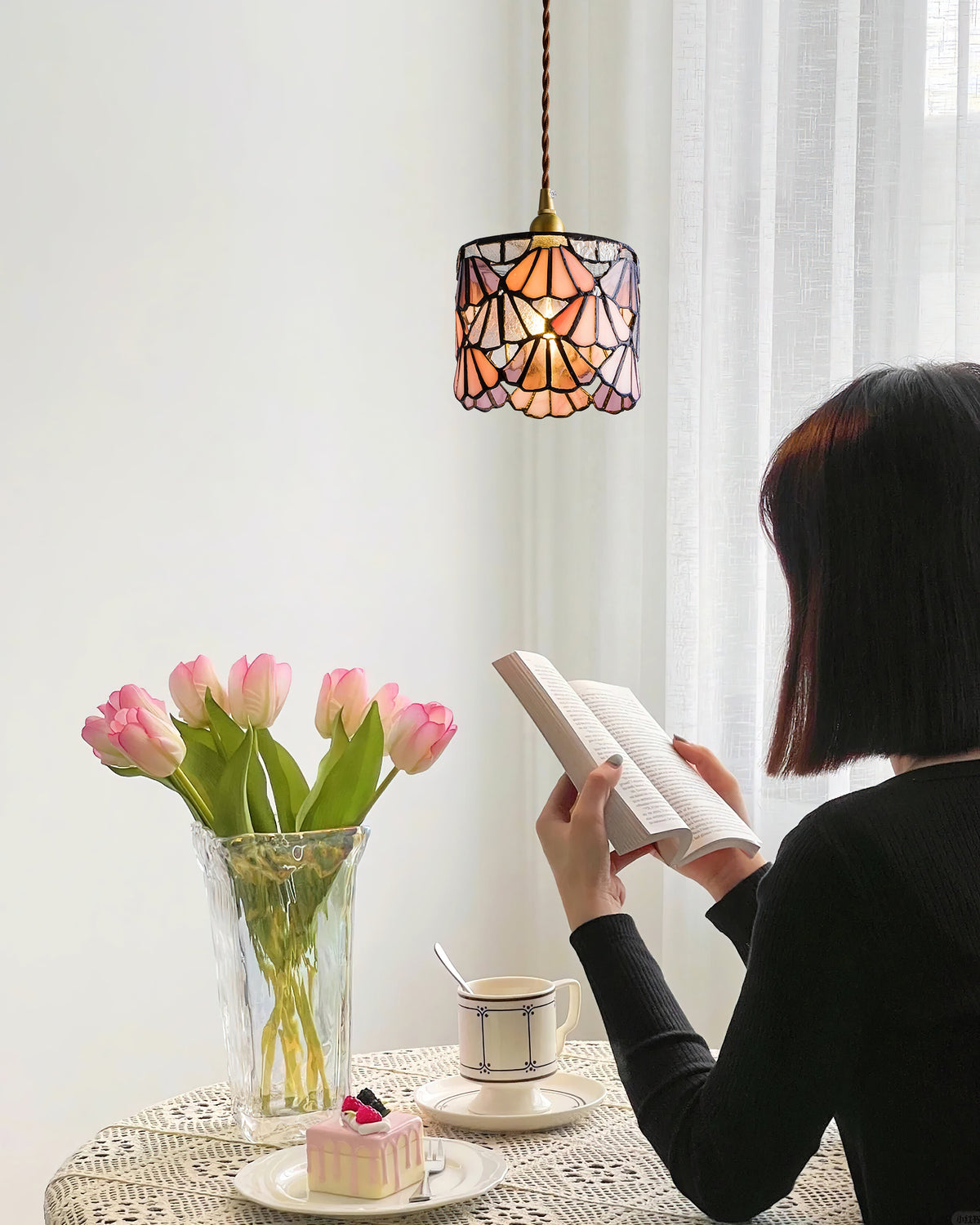 Hanging Ceiling Lamp with Tinted Glass Shade 5.3 Inches for Dining Room, Kitchen Island, Bedroom Decor, Brass Accent Fixture, Adjustable Cor