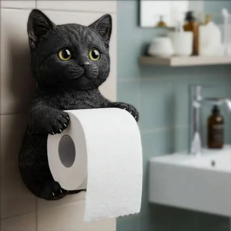 Feline Bathroom Tissue Dispenser Wall Mount Resin Animal Sculpture Storage Organizer Powder Room Decor Playful Cat Theme Space Saver Guest B