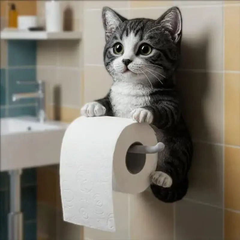 Feline Bathroom Tissue Dispenser Wall Mount Resin Animal Sculpture Storage Organizer Powder Room Decor Playful Cat Theme Space Saver Guest B
