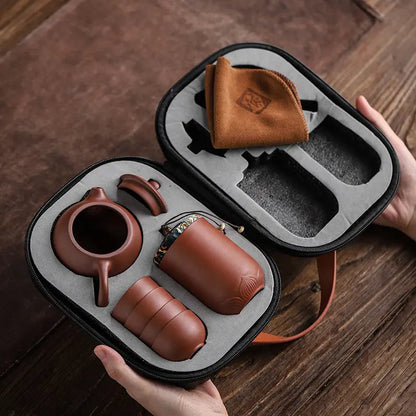 Ceramic Teapot Set with Travel Case 5.6 oz Pot Four Cups Portable Carrier for Camping Outdoor Picnics Office Breaks Gongfu Tea Ceremony Kung