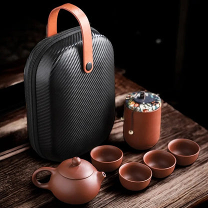 Ceramic Teapot Set with Travel Case 5.6 oz Pot Four Cups Portable Carrier for Camping Outdoor Picnics Office Breaks Gongfu Tea Ceremony Kung