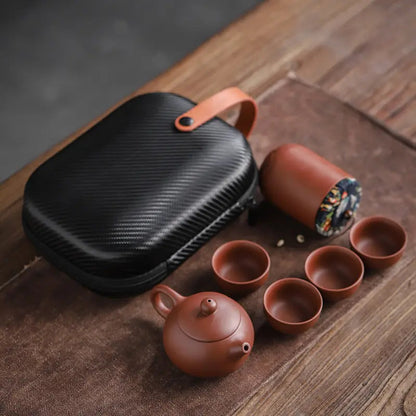 Ceramic Teapot Set with Travel Case 5.6 oz Pot Four Cups Portable Carrier for Camping Outdoor Picnics Office Breaks Gongfu Tea Ceremony Kung