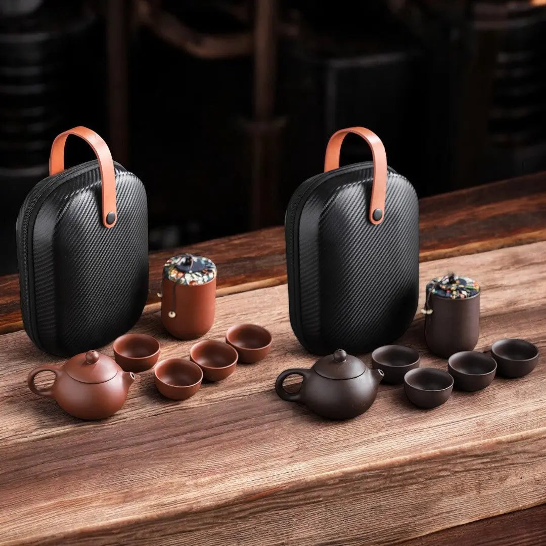 Ceramic Teapot Set with Travel Case 5.6 oz Pot Four Cups Portable Carrier for Camping Outdoor Picnics Office Breaks Gongfu Tea Ceremony Kung