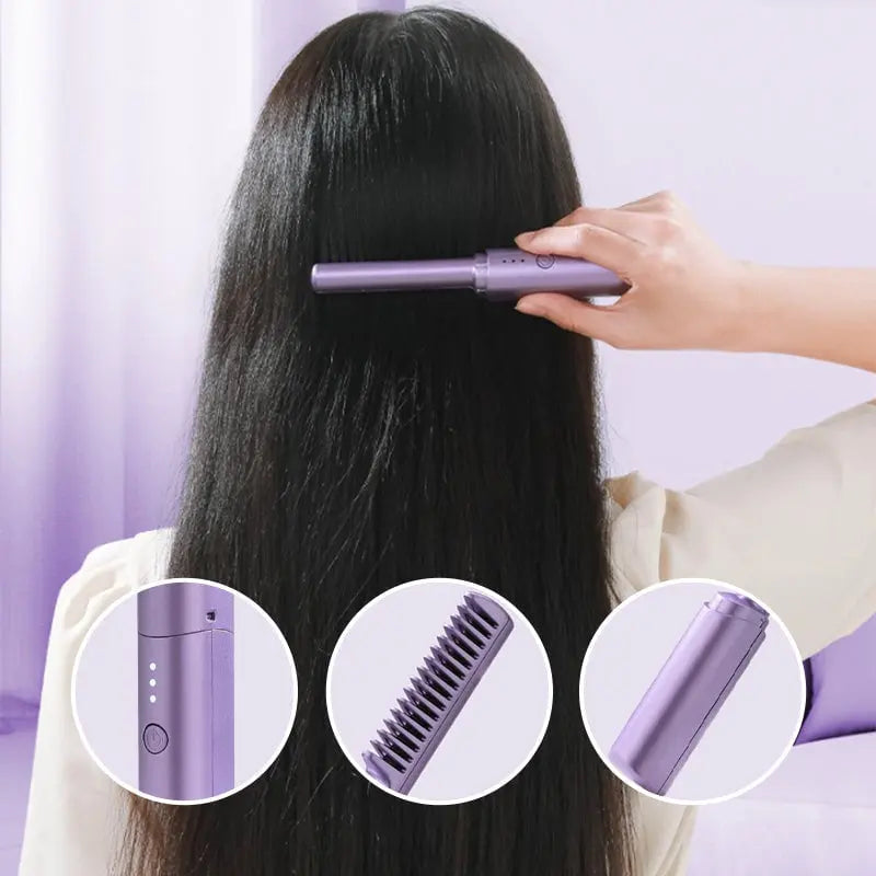 Cordless Hair Straightening Brush with Ceramic Coating & 3 Heat Settings for Travel & On-the-Go Styling