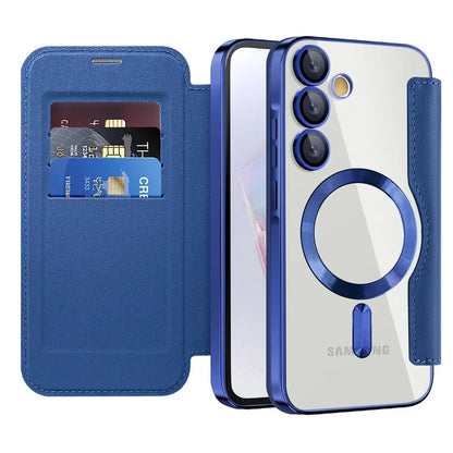 Clear Folio Card Holder Phone Case for Samsung Galaxy S22 S23 S24 S25 S26 with MagSafe Ring & Full-Screen Cover