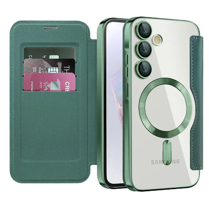 Clear Folio Card Holder Phone Case for Samsung Galaxy S22 S23 S24 S25 S26 with MagSafe Ring & Full-Screen Cover