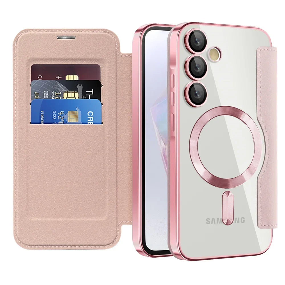 Clear Folio Card Holder Phone Case for Samsung Galaxy S22 S23 S24 S25 S26 with MagSafe Ring & Full-Screen Cover