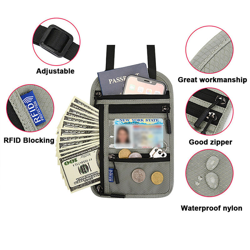 Travel Neck Pouch | RFID Blocking Passport Holder with Water-Resistant Design | Secure Storage for Valuables