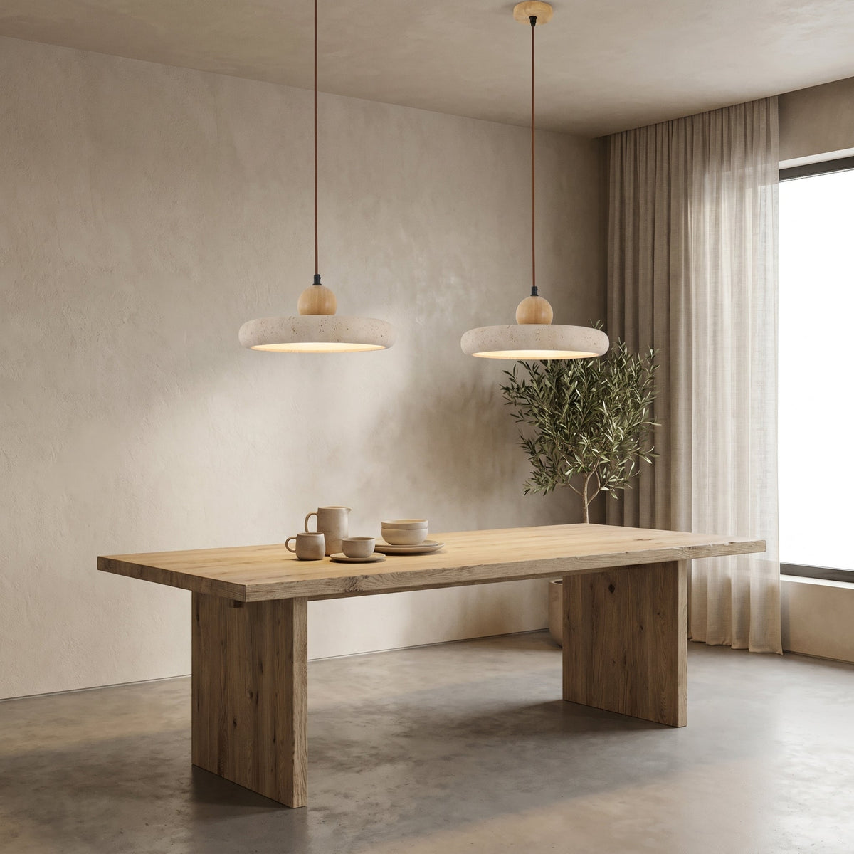 Travertine Stone & Wood Pendant Light – LED Ceiling Lamp for Dining Room, Kitchen Island & Bar – Scandinavian Minimalist Design