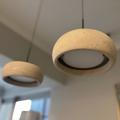 Stone Hanging Lamp 8-Inch Round Natural Travertine Shade Adjustable Drop Cord Ceiling Fixture for Kitchen Island Dining Table Room Modern Or