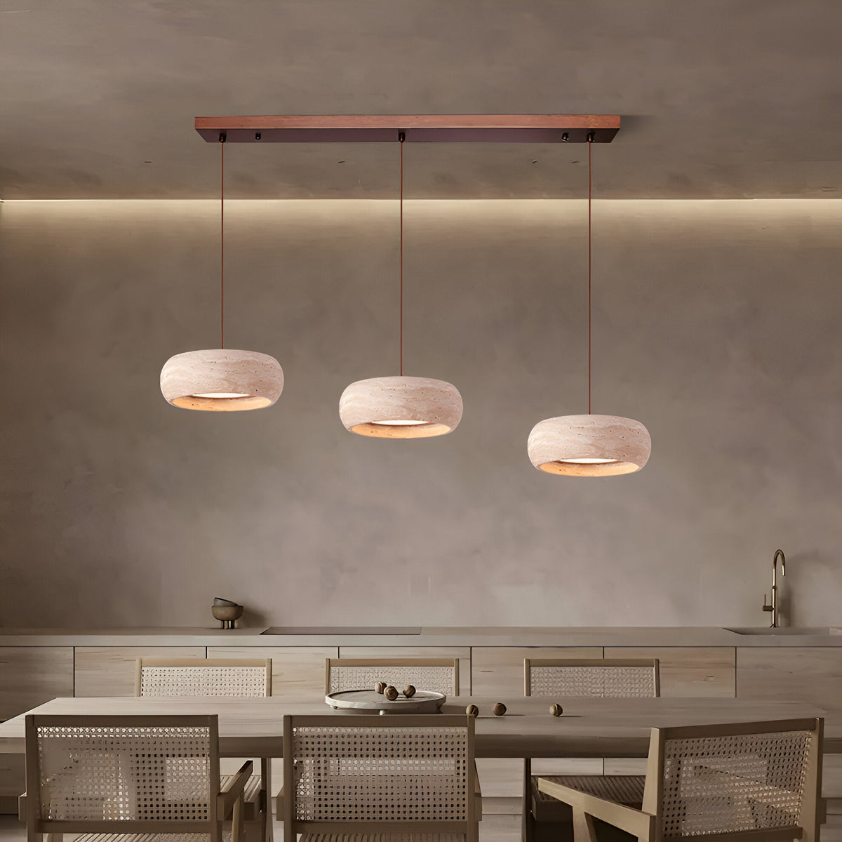 Stone Hanging Lamp 8-Inch Round Natural Travertine Shade Adjustable Drop Cord Ceiling Fixture for Kitchen Island Dining Table Room Modern Or