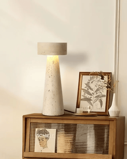 Beige Stone Nightstand Lamp 12 in Tall Minimalist Bedroom Accent Light Natural Travertine Desk Lamp for Living Room Home Office Reading Nook