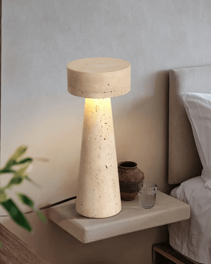 Beige Stone Nightstand Lamp 12 in Tall Minimalist Bedroom Accent Light Natural Travertine Desk Lamp for Living Room Home Office Reading Nook