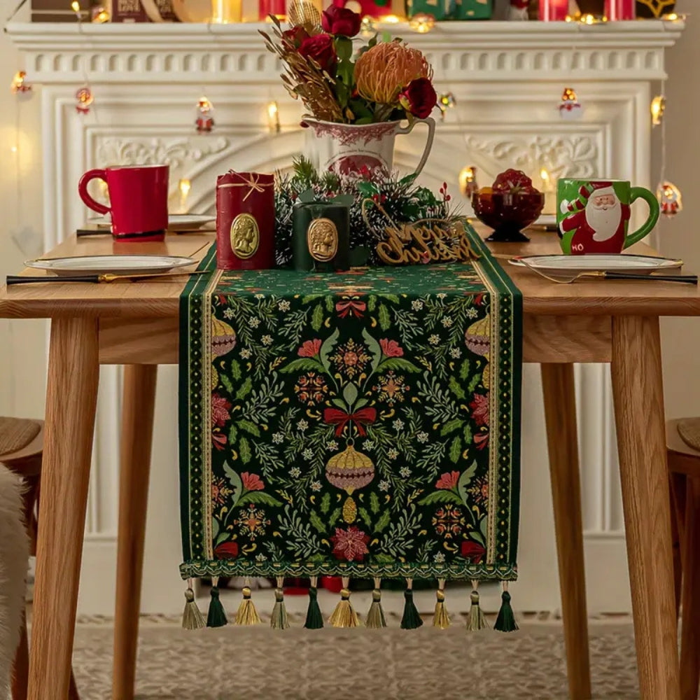 Tropical Botanical Table Runner - Festive Polyester with Tassels