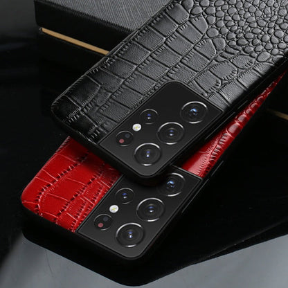 Premium Cowhide Leather Phone Case for Samsung Galaxy – Dual-Tone Design with Raised Edges & Camera Protection