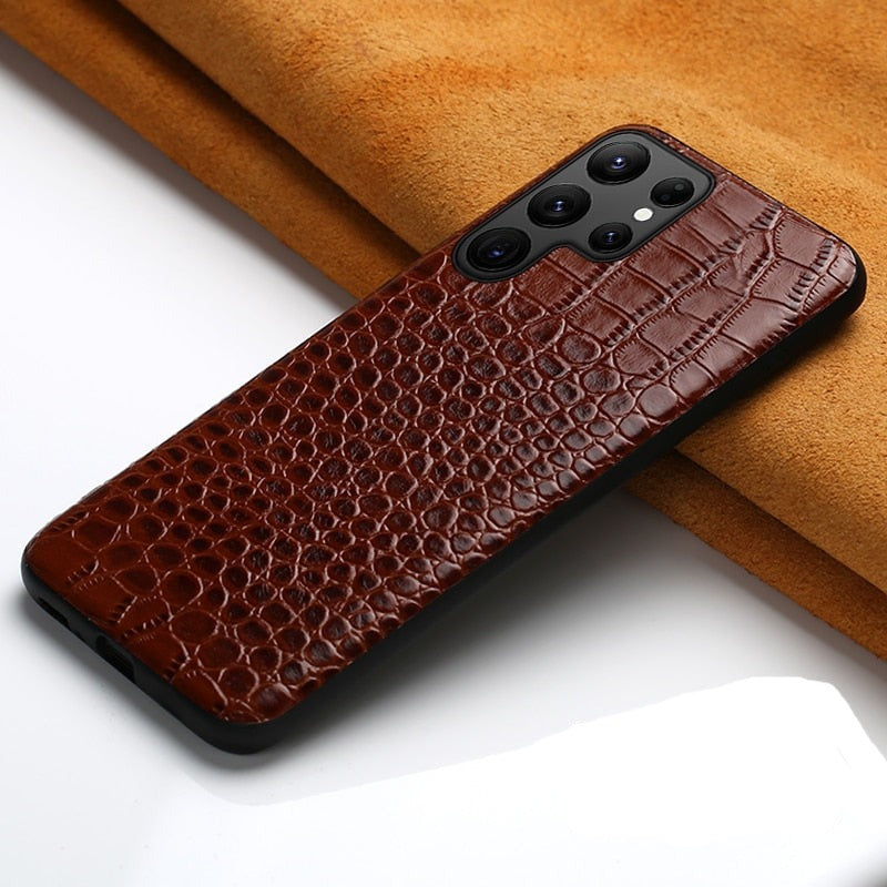 Premium Cowhide Leather Phone Case for Samsung Galaxy – Dual-Tone Design with Raised Edges & Camera Protection