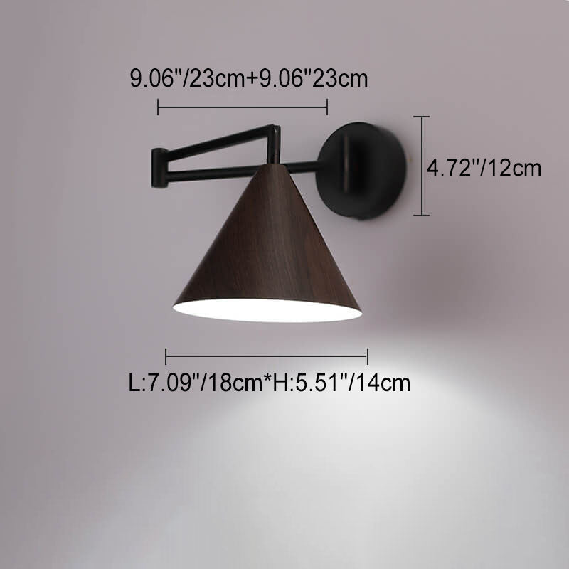Swing Arm Wall Sconce with Conical Shade for Bedside Reading, Adjustable Iron Fixture in Walnut Finish, E26 Base, Bedroom Task Light