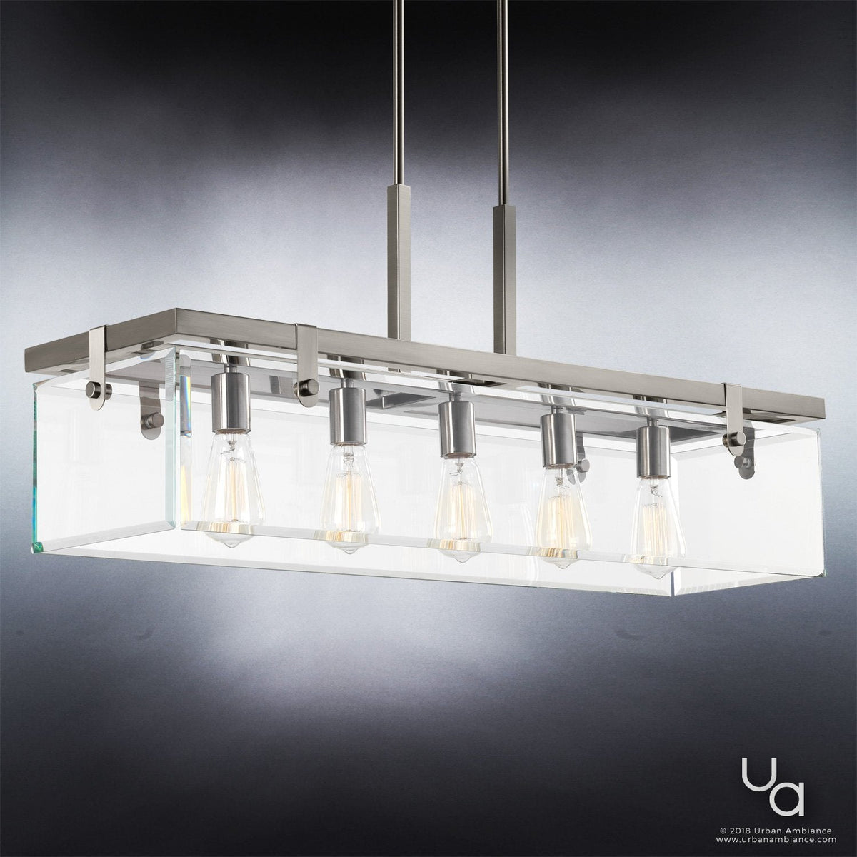 Linear Overhead Island Fixture Steel Frame Beveled Glass 37-Inch 5-Light Adjustable Chain Brushed Nickel for Kitchen & Dining