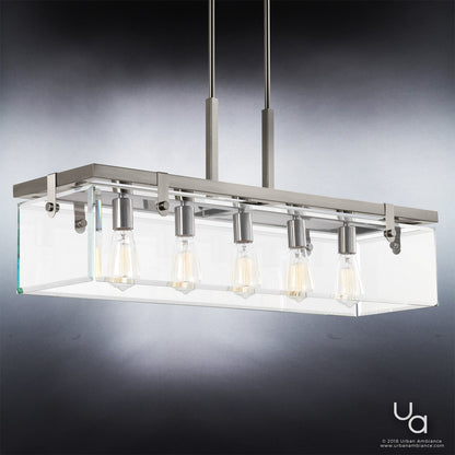 Linear Overhead Island Fixture Steel Frame Beveled Glass 37-Inch 5-Light Adjustable Chain Brushed Nickel for Kitchen & Dining
