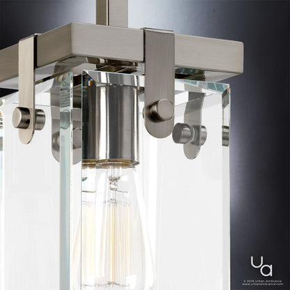 12-Inch Steel and Beveled Glass Hanging Light Fixture for Countertops, Dining Areas, and Hallways – Brushed Nickel Finish with Height-Adjust
